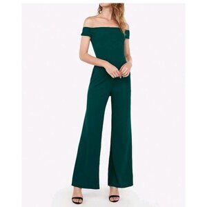 NWT Express Off The Shoulder WideLeg Jumpsuit Dark Green XS Pocket Holiday Party